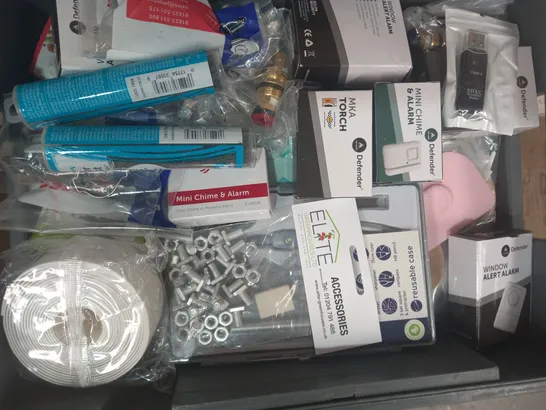 LOT OF APPROXIMATELY 20 ASSORTED HOUSEHOLD ITEMS TO INCLUDE BIG TOE HOLE PREVENTER, WINDOW ALERT ALARM, COLOR BURST CRYSTAL CHIPS, ETC