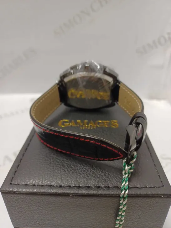 GAMAGES GALACTIC BLACK TRIPLE DATE DIAL RED STRIPE AUTOMATIC LEATHER STRAP WRISTWATCH	