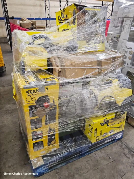 PALLET OF APPROXIMATELY 18 UNPROCESSED RAW RETURN KARCHER, STANLEY AND BOSCH PRESSURE WASHER AND ELECTRICAL CLEANING GOODS TO INCLUDE;