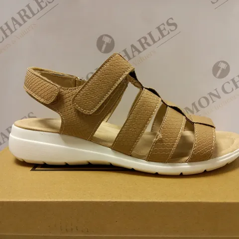 BOXED PAIR OF CUSHION WALK ONE TOUCH CLOSE SANDALS, TAN - SIZE 7