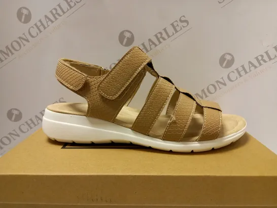 BOXED PAIR OF CUSHION WALK ONE TOUCH CLOSE SANDALS, TAN - SIZE 7