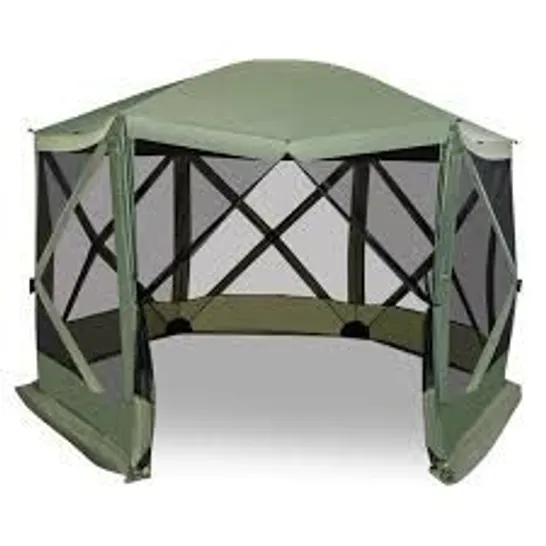 BOXED COSTWAY 346 X 305cm POP-UP SCREEN HOUSE TENT 6-SIDED CAMPING GAZEBO INSTANT SETUP HUB TENT WITH PORTABLE CARRYING BAG - GREEN