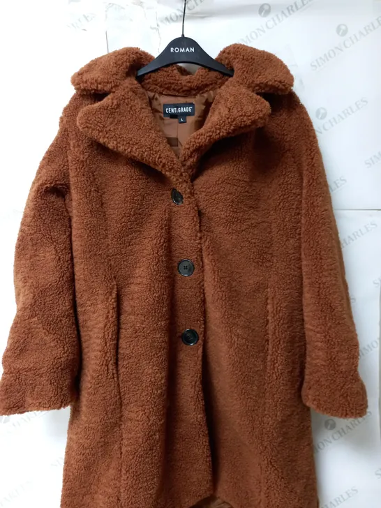 CENTIGRADE TEDDY LONGLINE COAT IN CHOCOLATE SIZE LARGE 