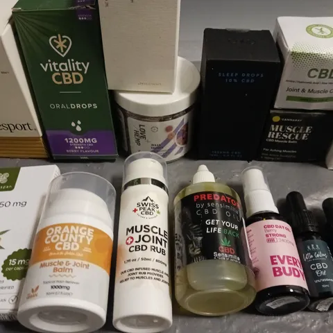 LOT OF 15 ASSORTED CBD ITEMS TO INCLUDE OILS, DROPS, RUBS AND CREAMS