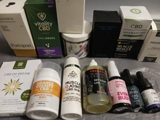 LOT OF 15 ASSORTED CBD ITEMS TO INCLUDE OILS, DROPS, RUBS AND CREAMS