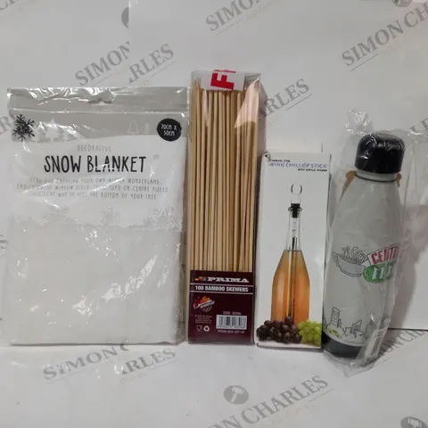 BOX OF APPROXIMATELY 20 ASSORTED HOUSEHOLD ITEMS TO INCLUDE WINE CHILLER STICK, BAMBOO SKEWERS, SNOW BLANKET, ETC