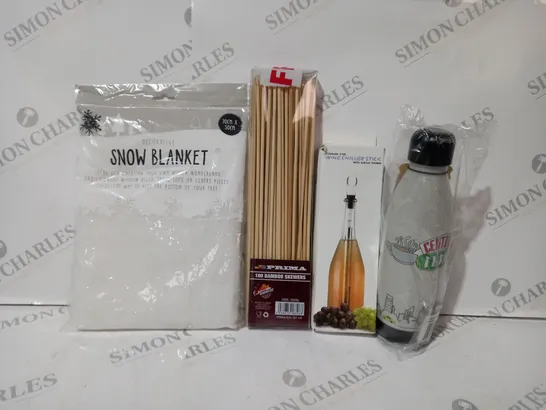 BOX OF APPROXIMATELY 20 ASSORTED HOUSEHOLD ITEMS TO INCLUDE WINE CHILLER STICK, BAMBOO SKEWERS, SNOW BLANKET, ETC