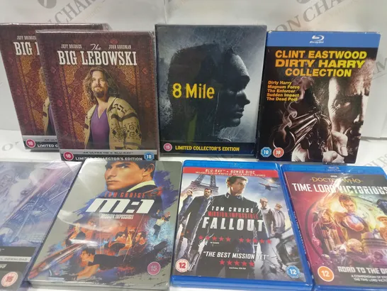 LOT OF 22 ASSORTED MEDIA ITEMS TO INCLUDE SEALED 8 MILE AND BIG LEBOWSKI COLLECTORS EDITIONS AND VARIOUS OTHER BLUE RAYS AND GAMES