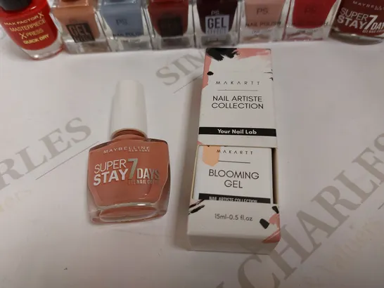 BOX OF APPROX 10 MANICURE ITEMS TO INCLUDE PS GEL EFFECT NAIL POLISH, MAYBELLINE SUPER STAY POLISH AND MAKARTT BLOOMING GEL