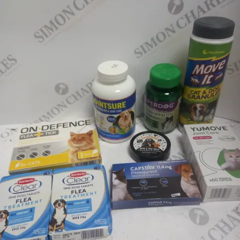 APPROXIMATELY 20 ASSORTED PET TREATMENTS TO INCLUDE JOINT CARE CAPSULES, FLEA TREATMENT, TRAINING GRANULES ETC 