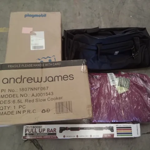 PALLET OF ASSORTED ITEMS INCLUDING 6.5L RED SLOW COOKER, CORE BOOST PULL UP BAR, PLAYMOBIL SET, WHO GIVES A CRAP TISSUES, REGATTA OUTDOOR COAT 