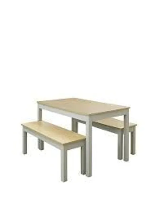 BOXED GRADE 1 OHIO OAK/GREY DINING TABLE AND BENCH (1 BOX)