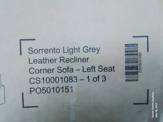 A BOXED INCOMPLETE SORRENTO LIGHT GREY LEATHER RECLINER CORNER SOFA (LEFT SEAT ONLY)