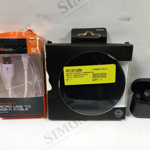 LOT OF APPROXIMATELY 15 ASSORTED ELECTRICALS TO INCLUDE MIXX CHARGESPOT WIRELESS CHARGER, NOISE CANCELLING EARBUDS WITH CHARGING CASE, BLACKWEB 6FT MICRO USB TO USB-A CABLE, ETC