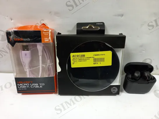 LOT OF APPROXIMATELY 15 ASSORTED ELECTRICALS TO INCLUDE MIXX CHARGESPOT WIRELESS CHARGER, NOISE CANCELLING EARBUDS WITH CHARGING CASE, BLACKWEB 6FT MICRO USB TO USB-A CABLE, ETC