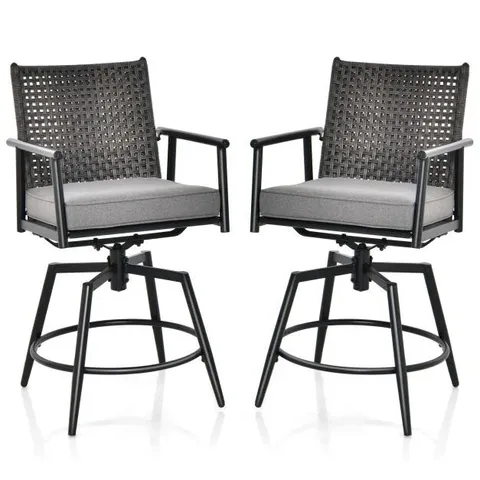 BOXED COSTWAY PATIO SWIVEL BAR STOOLS SET OF 2 WITH PE RATTAN BACK AND METAL FRAME - COFFEE