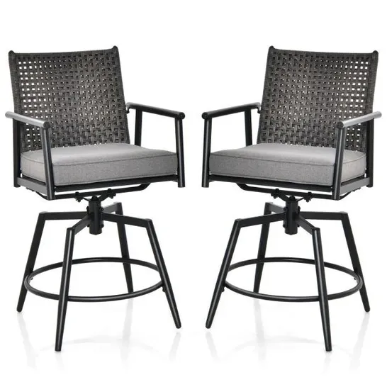 BOXED COSTWAY PATIO SWIVEL BAR STOOLS SET OF 2 WITH PE RATTAN BACK AND METAL FRAME - COFFEE