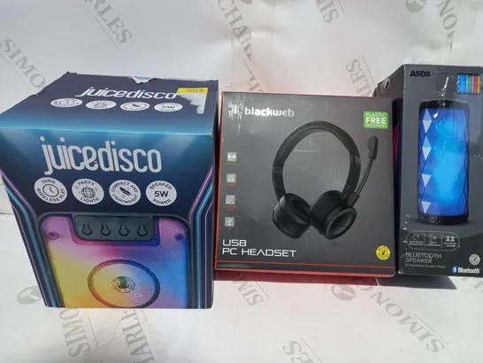 LOT OF APPROXIMATELY 20 ASSORTED HOUSEHOLD ITEMS TO INCLUDE JUICEDISCO SPEAKER, BLACKWEB USB PC HEADSET, ASDA TECH BLUETOOTH SPEAKER, ETC