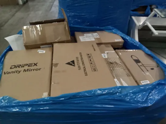 PALLET OF ASSORTED ITEMS INCLUDING DRIPEX VANITY MIRROR, SORT FIELD ELECTRICAL CONVECTOR HEATER, JUDGE NON STICK PIZZA MAKER, FIREPLACE TOOLS, ELECTRIC KEYBOARD, 