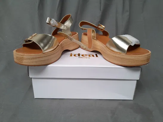 BOXED PAIR OF IDEAL PLATFORM OPEN TOE SANDALS IN METALLIC GOLD EU SIZE 39