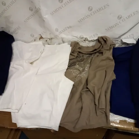 LARGE BOX OF ASSORTED CLOTHES INCLUDING SHORTS , T-SHIRTS AND TROUSERS 