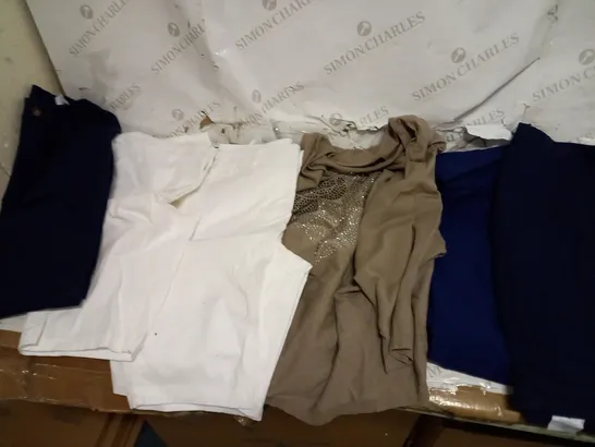 LARGE BOX OF ASSORTED CLOTHES INCLUDING SHORTS , T-SHIRTS AND TROUSERS 