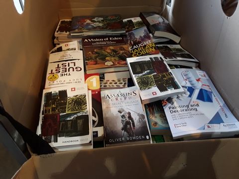 CAGE OF ASSORTED BOOKS TO INCLUDE TITLES BY; ASSASINS CREED, ENGLISH HERITAGE HANDBOOKS, VISUIN OF EDEN, MARIANNE NORTH AT KEW GARDENS, HILLIERS MOTOR TECHNOLOGY, KNITTING STITCHES. 