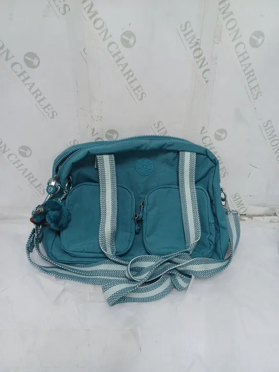 KIPLING LIVE LIGHT MEDIUM CANVAS BAG. MULTIPLE COMPARTMENTS. CUTE GORILLA KEYRING. BLUE AND WHITE