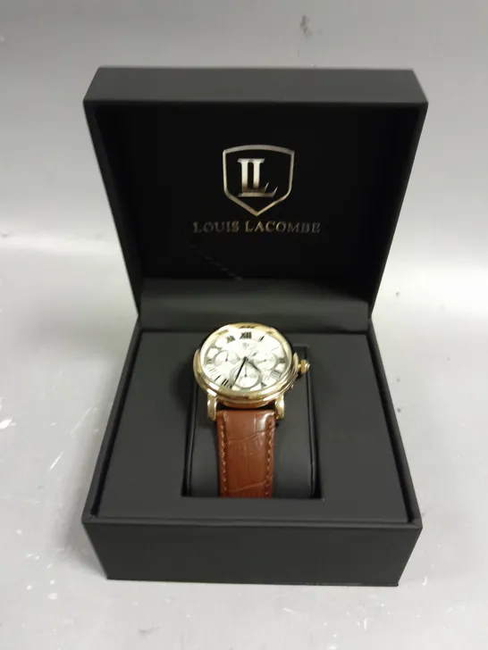 MENS LOUIS LACOMBE CHRONOGRAPH WATCH – MULTI FUNCTION DIAL WITH DATE – ROMAN NUMERAL DIAL – LEATHER STRAP