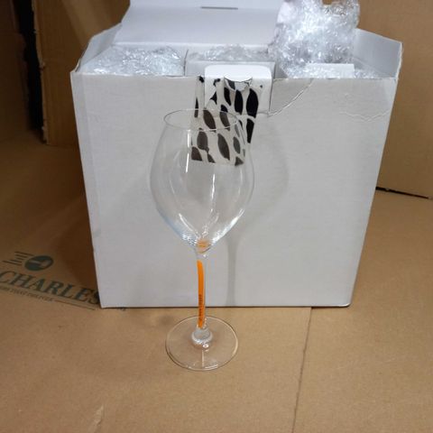 BOX OF APPROX 6 WINE GLASSES CLEAR WITH ORANGE DETAIL