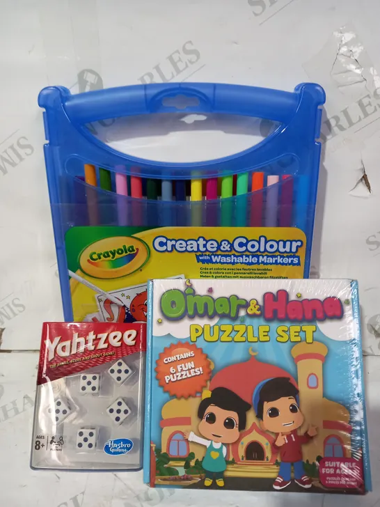 BOX OF APPROXIMATELY 15 ASSORTED TOYS AND GAMES TO INCLUDE CRAYOLA CREATE & COLOUR WITH WASHABLE MARKERS, YAHTZEE, OMAR & HANA PUZZLE SET, ETC