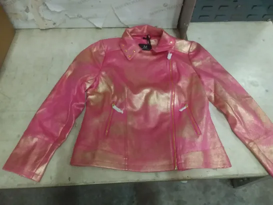 BOX OF APPROXIMATELY 7 JULIEN MACDONALD PINK/GOLD BIKER JACKET - SIZE 14