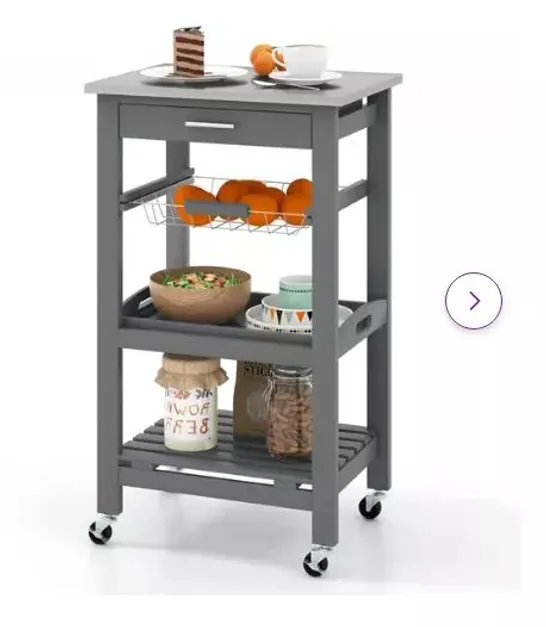 BOXED COSTWAY COMPACT KITCHEN ISLAND CART ROLLING SERVICE TROLLEY WITH STAINLESS STEEL TOP BASKET - GREY