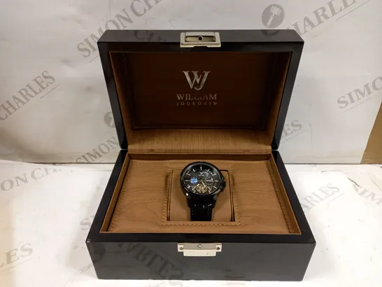 MENS WILLIAM JOURDAIN AUTOMATIC 2580 WATCH – OPEN HEART MOVEMENT WITH SUB DIALS – GLASS EXHIBITION BACK CASE – BLACK GENUINE LEATHER STRAP