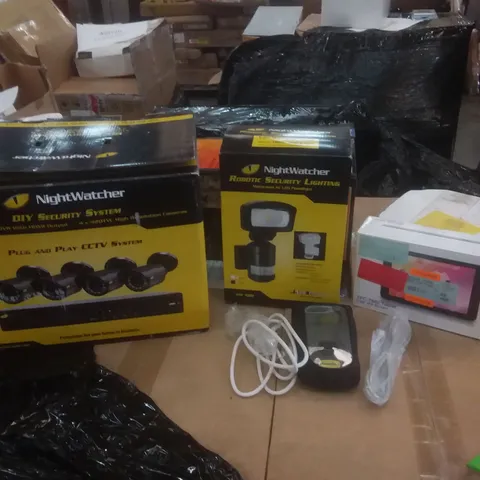 PALLET OF ASSORTED ELECTRICAL ITEMS INCLUDING NIGHTWATCHER SECURITY SYSTEMS AND LIGHTING, TECHNOLOGY TABLETS, NANOSAT