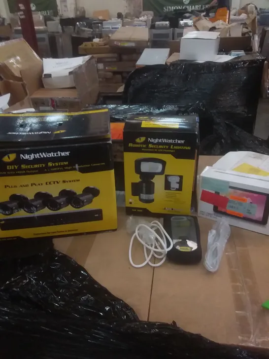 PALLET OF ASSORTED ELECTRICAL ITEMS INCLUDING NIGHTWATCHER SECURITY SYSTEMS AND LIGHTING, TECHNOLOGY TABLETS, NANOSAT