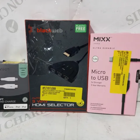 BOX OF APPROXIMATELY 20 ASSORTED ELECTRICAL ITEMS TO INCLUDE MIXX MICRO TO USB CABLE, BLACKWEB 3-WAY HDMI SELECTOR, ASDA TECH SYNC AND CHARGE CABLE, ETC