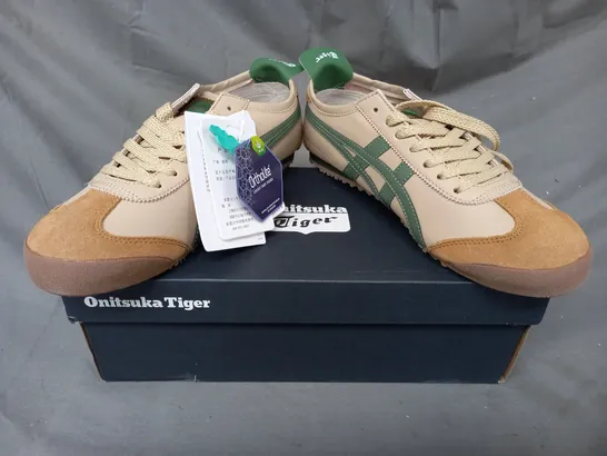 BOXED PAIR OF ONITSUKA TIGER SHOES IN TAN/GREEN UK SIZE 5.5