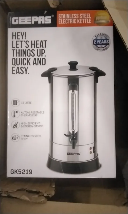 BOXED 15 LITRE GEEPAS ELECTRIC KETTLE 
