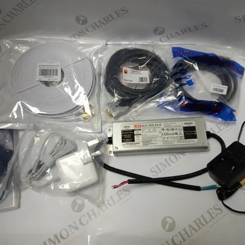 BOX OF APPROXIMATELY 20 ASSORTED COMPUTER AND VISION CABLES TO INCLUDE ETHERNET CABLES, HDMI CABLES, POWER SUPPLIES ETC