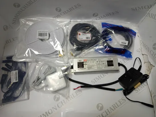 BOX OF APPROXIMATELY 20 ASSORTED COMPUTER AND VISION CABLES TO INCLUDE ETHERNET CABLES, HDMI CABLES, POWER SUPPLIES ETC