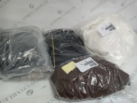 BOX OF APPROXIMATELY 15 ASSORTED CLOTHING ITEMS TO INCLUDE WHITE COAT, BROWN PANTS, BLACK TOP ETC