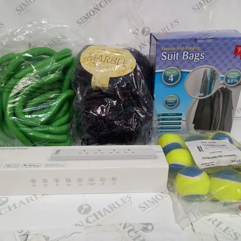 BOX OF APPROXIMATELY 10 ASSORTED ITEMS TO INCLUDE WI-FI SURGE PROTECTOR, CHUNKY YARN, SUIT BAGS ETC