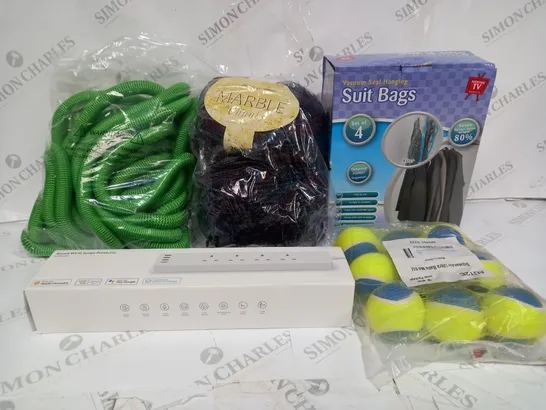 BOX OF APPROXIMATELY 10 ASSORTED ITEMS TO INCLUDE WI-FI SURGE PROTECTOR, CHUNKY YARN, SUIT BAGS ETC