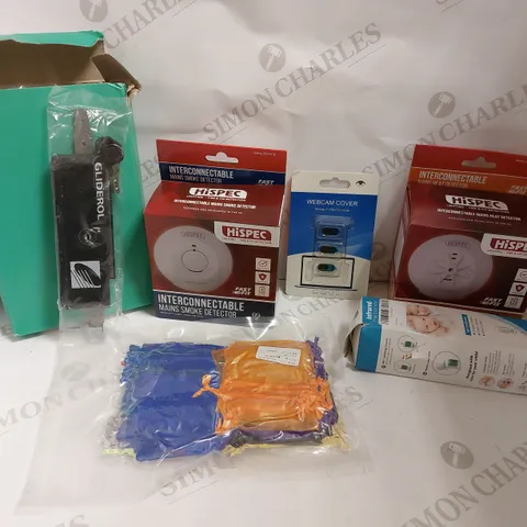 BOX OF APPROX 10 HOUSEHOLD ITEMS TO INCLUDE SMOKE DETECTOR, BOX OF BIKE LOCKS, WEBCAM COVERS