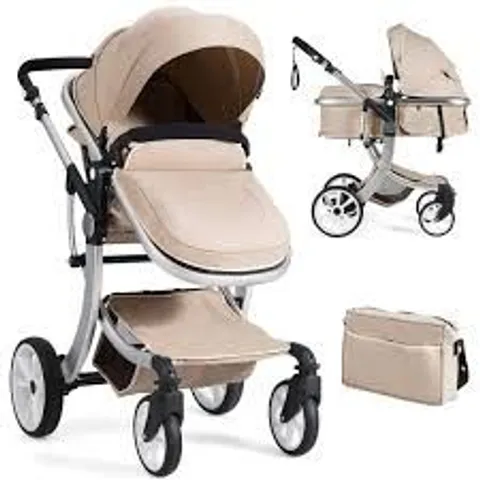 BOXED 2 IN 1 FOLDABLE BABY STROLLER WITH RAIN COVER AND MOSQUITO NET - BEIGE