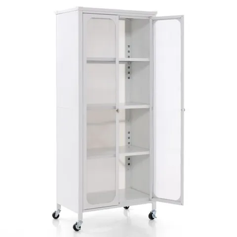 BOXED COSTWAY STORAGE CABINET WITH WHEELS AND TRANSLUCENT DOORS - WHITE