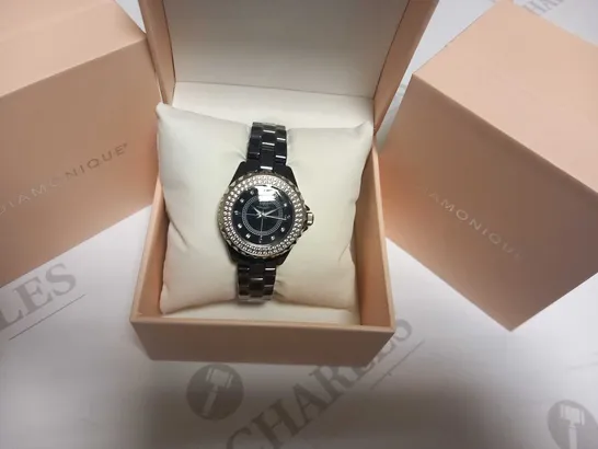 5 BRAND NEW DIAMONIQUE CERAMIC WATCH BLACK WITH MICHELLE MONE BOX WHITE CUBIC ZIRCONIA ON BEZEL AND DIAL