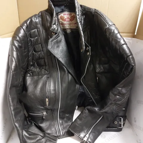 BOX OF 2 ITEMS TO INCLUDE AKASO LEATHER JACKET SIZE EU48 AND RICHA MOTORCYCLE LEATHER TROUSERS SIZE UNKNOWN