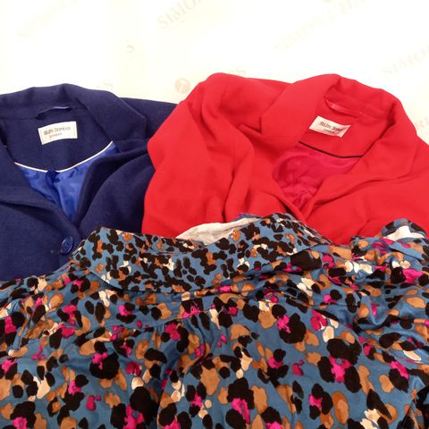BOX OF APPROX 10 DESIGNER STYLE CLOTHING ITEMS TO INCLUDE HELENE BERMAN JACKET IN RED, MONSOON DRESS IN BLUE, HELENE BERMAN JACKET IN BLUE